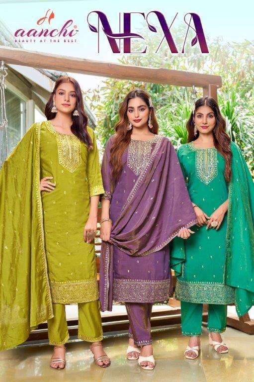 AANCHI NEXA 101 TO 104 SERIES PURE ROMAN SHIMMER EMBROIDERY DRESSES-00286