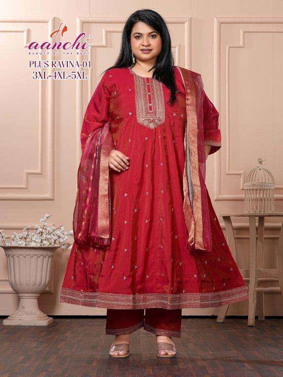 AANCHI PLUS RAVINA 01 TO 02 SERIES PURE ROMAN SHIMMER EMBROIDERY DRESSES-00286
