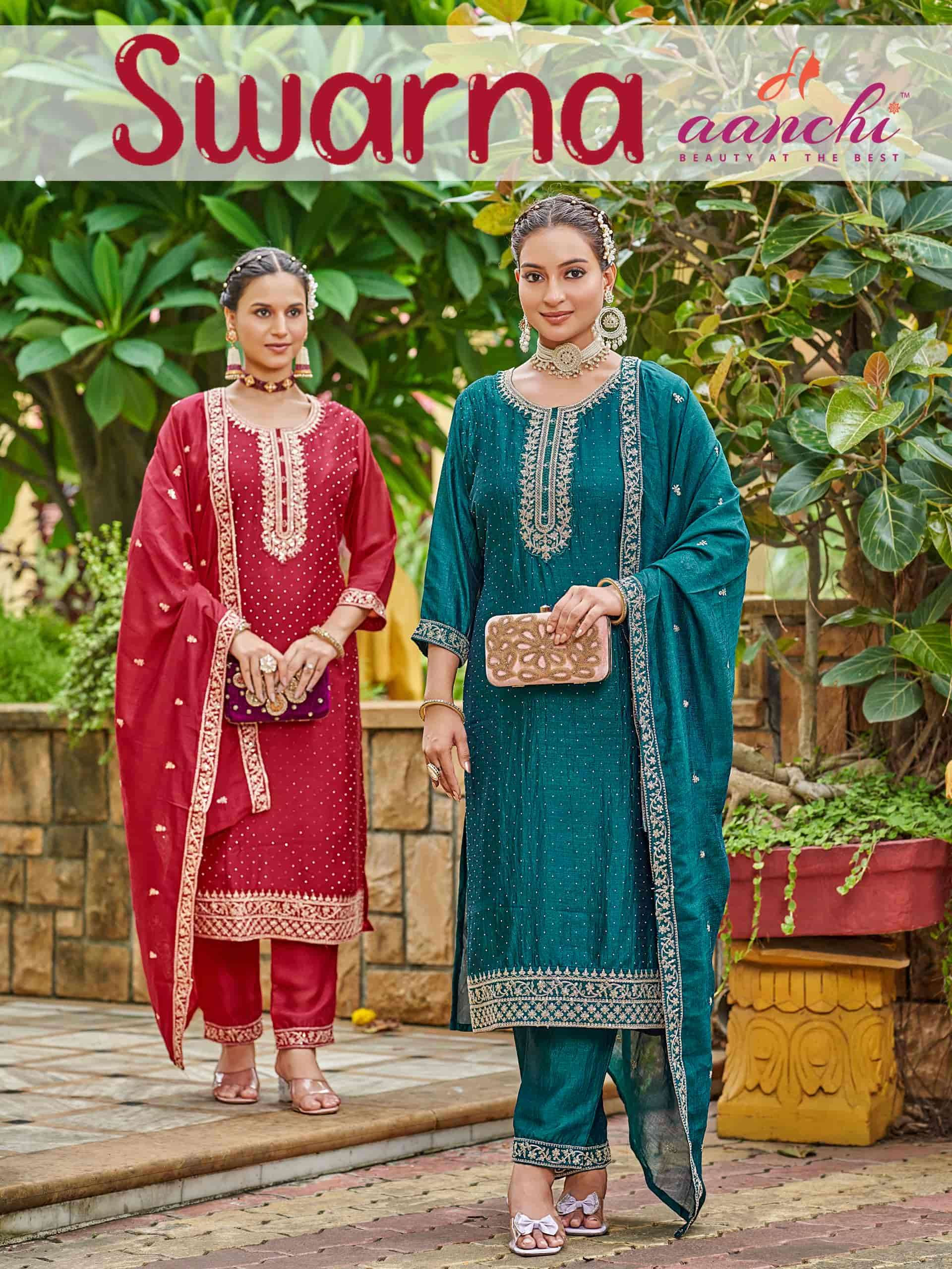 AANCHI SWARNA PURE VICHITRA SILK EMBROIDERY PRINTDED DRESSES-00286