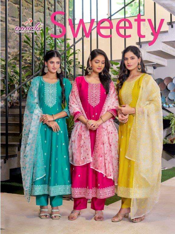 AANCHI SWEETY 1001 TO 1003 SERIES PURE ROMAN SILK EMBROIDERY DRESSES-00286
