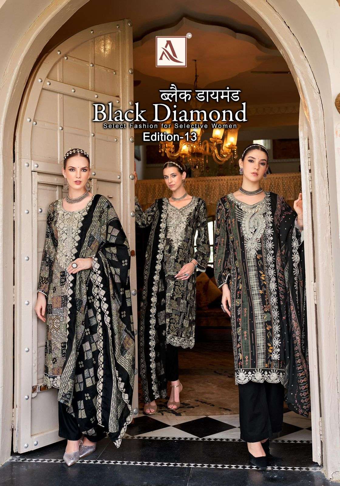 ALOK SUIT BLACK DIAMOND VOL-13 HEAVY EMBROIDERY RAYON PRINTED PAKISTANI DRESSES-00201