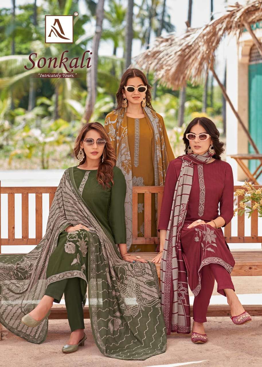 ALOK SUIT SONKALI PURE VISCOSE MUSLIN EMBROIDERY PAKISTANI DRESSES-00201
