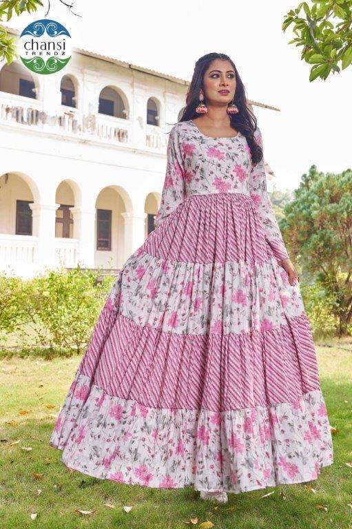 CHANSI TRENDZ HIRANYASRI 406 TO 409 SERIES PURE VISCOSE PRINTED GOWNS-00303
