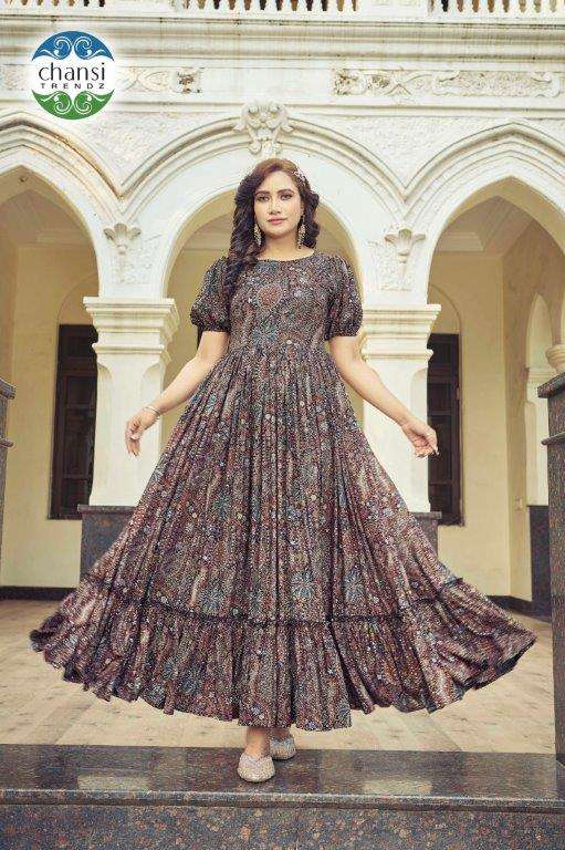 CHANSI TRENDZ JAGRUTI 352 TO 355 SERIES PURE RAYON PRINTED GOWNS-00303