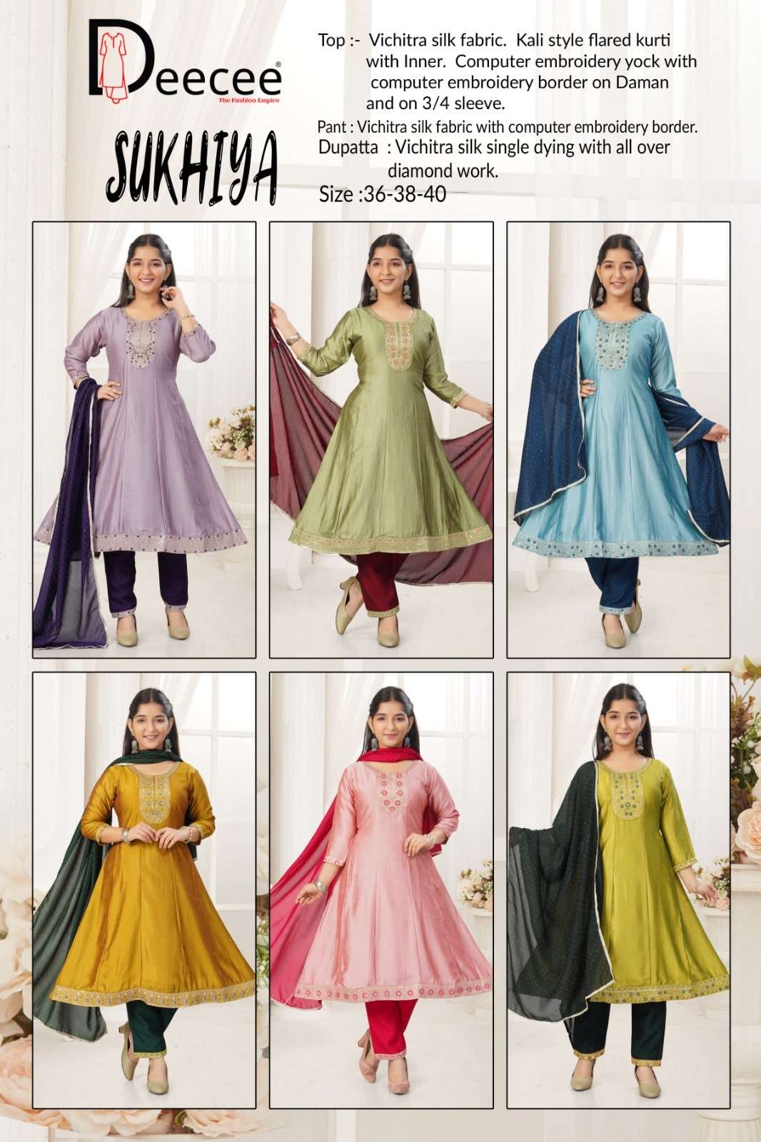 DEE CEE SUKHIYA 1001 TO 1006 SERIES PURE VICHITRA SILK EMBROIDERY PRINTED DRESSES-00093