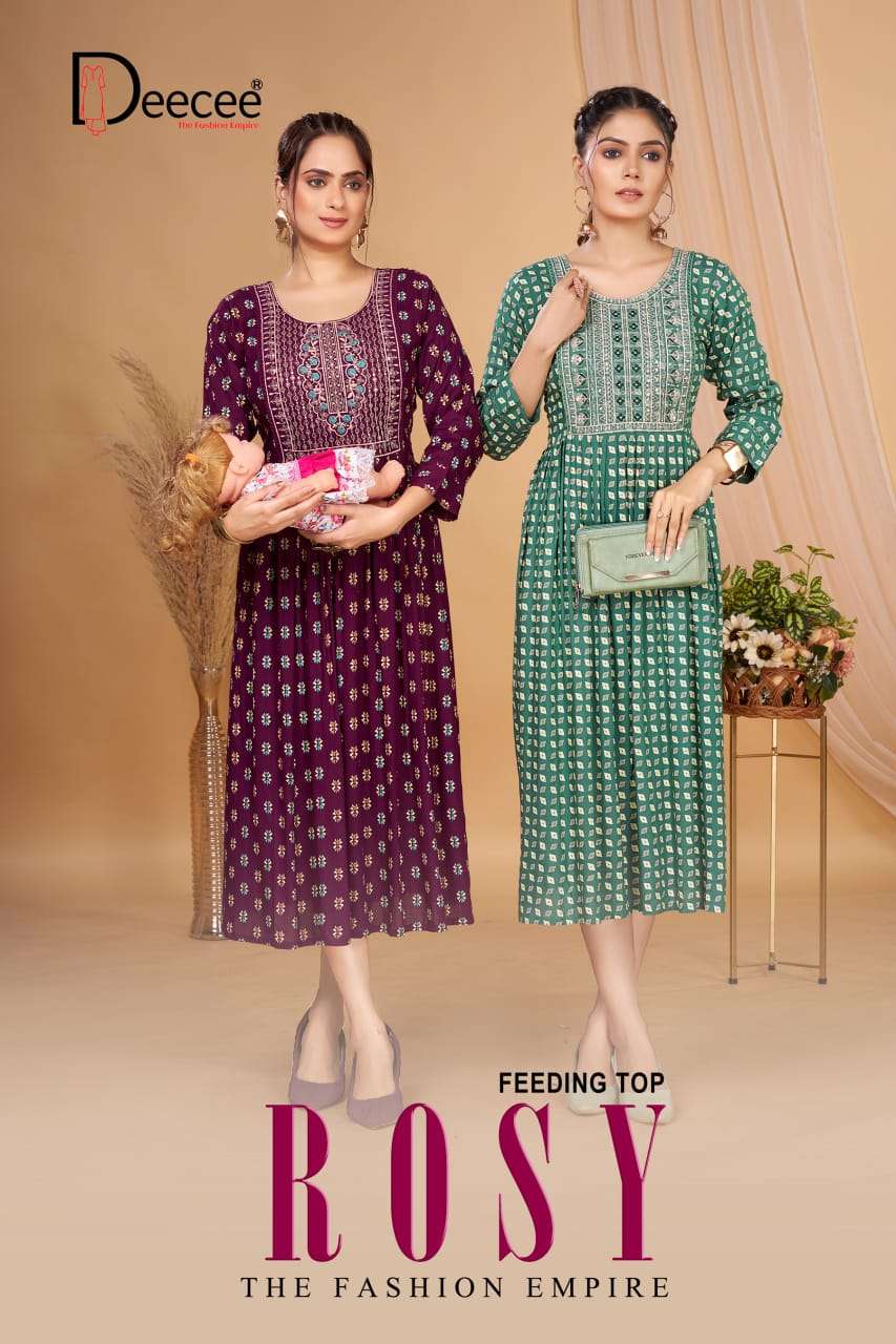 DEECEE ROSY 101 TO 106 SERIES PURE RAYON EMBROIDERY PRINTED KURTIS-00093