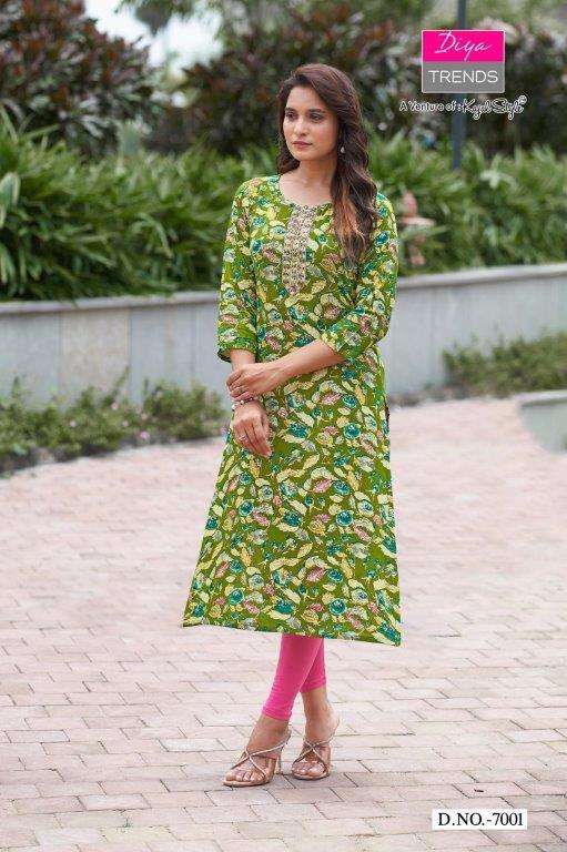 DIYA GARDENCITY VOL-7 7001 TO 7011 SERIES PURE RAYON PRINTED KURTIS-00015
