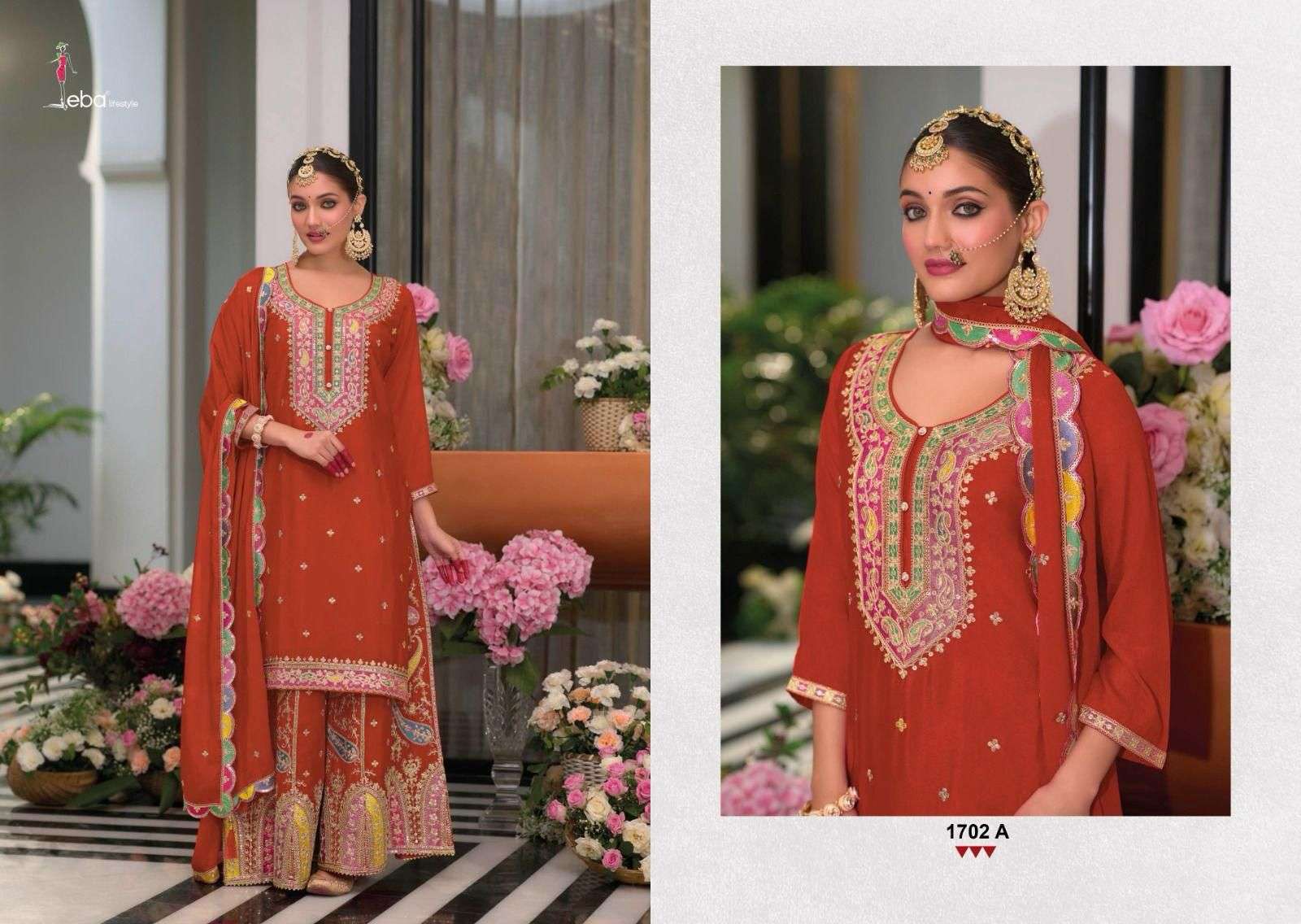 EBA LIFESTYLE SAFROON VOL-3 COLOUR 1702-A TO 1702-B SERIES PURE CHINON EMBROIDERY DRESSES-00289