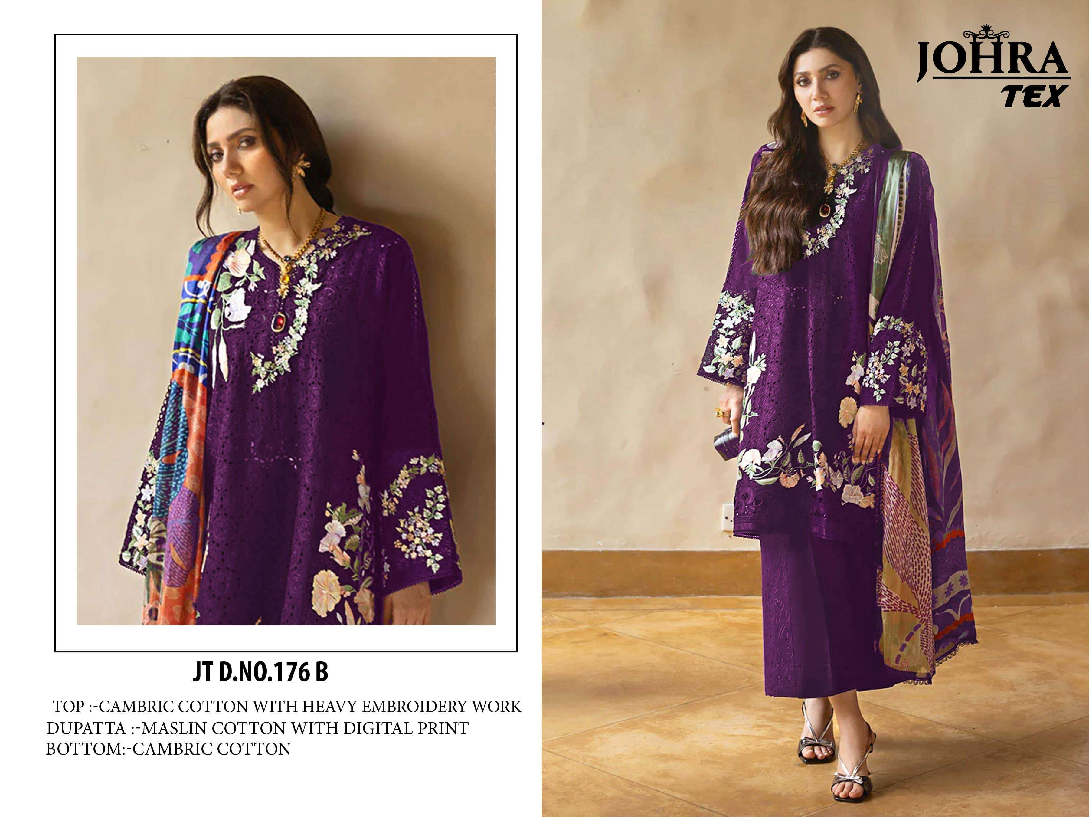JOHRA TEX JT-176 HIT DESIGNE PURE CAMRIC COTTON EMBROIDERY DRESS-00071