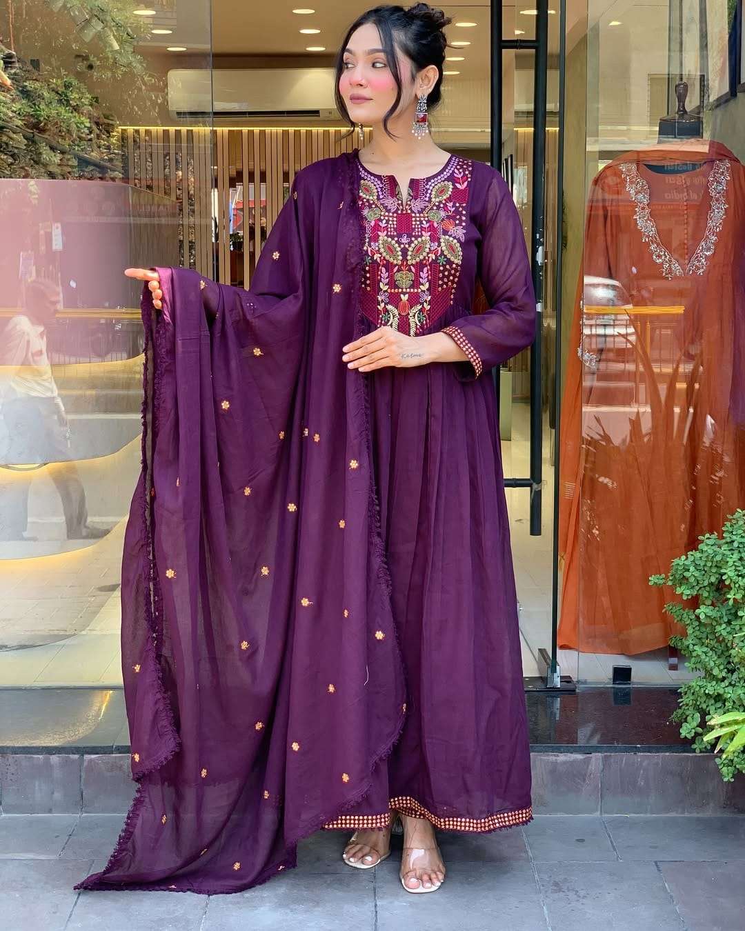 KRISHIKA BY ASLIWHOLESALE DESIGNER PURE VISCOSE CHANDERI AND SEQUENCE EMBROIDERY DRESSES-00264