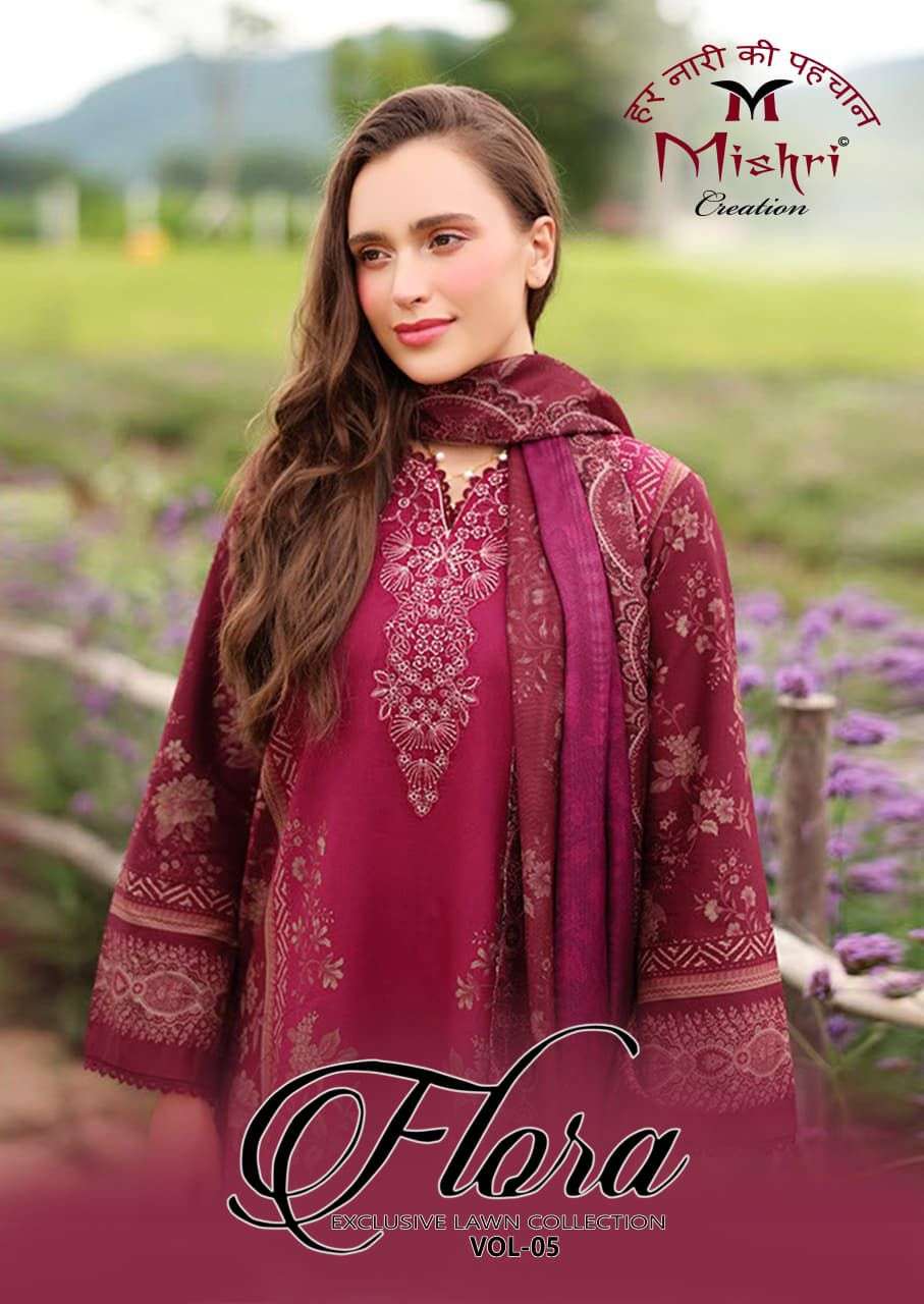 MISHRI CREATION FLORA VOL-05 5001 TO 5006 SERIES PURE LAWN COTTON PRINTED PAKISTANI DRESSES-00201