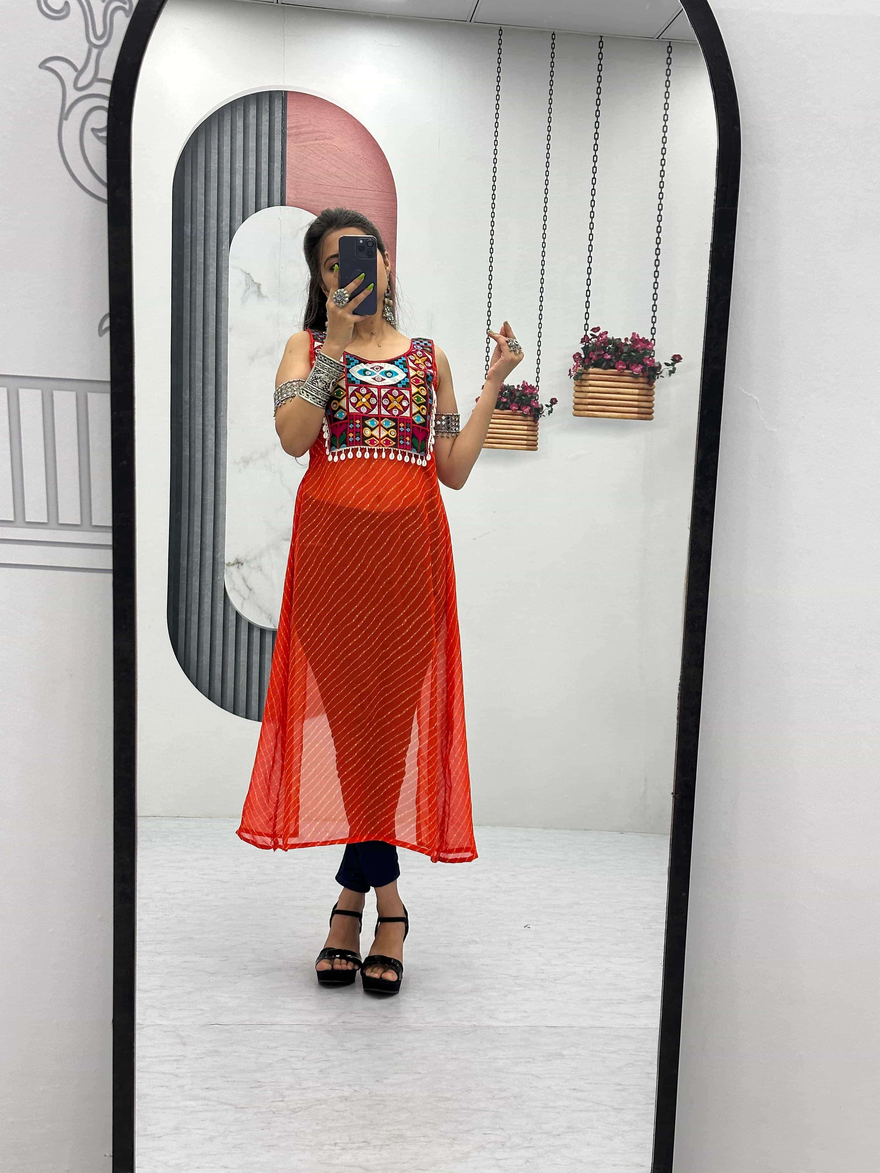 PC-N53 BY ASLIWHOLESALE DESIGNER PURE FAUX GEORGETTE BHANDHEJ KURTIS-00045