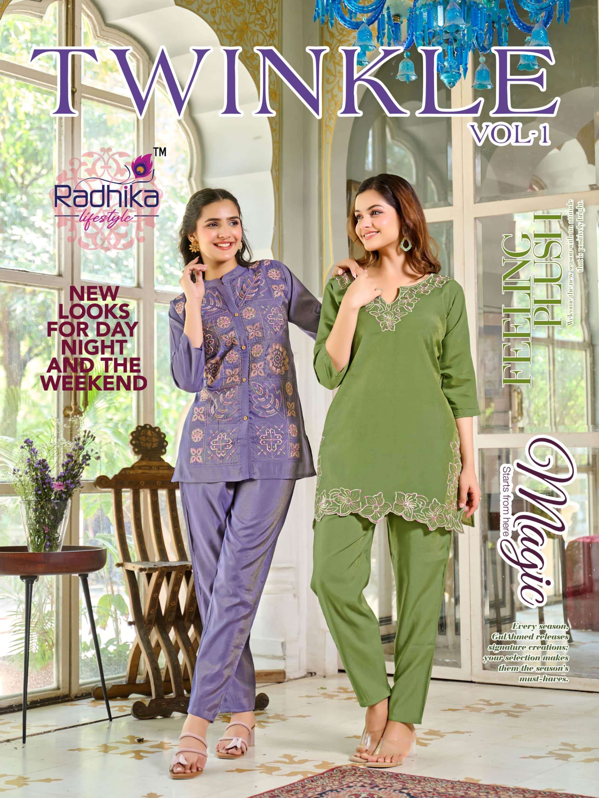 RADHIKA LIFESTYLE TWINKAL VOL-01 PURE ROMAN SIMMER CO-ORD SET-00140