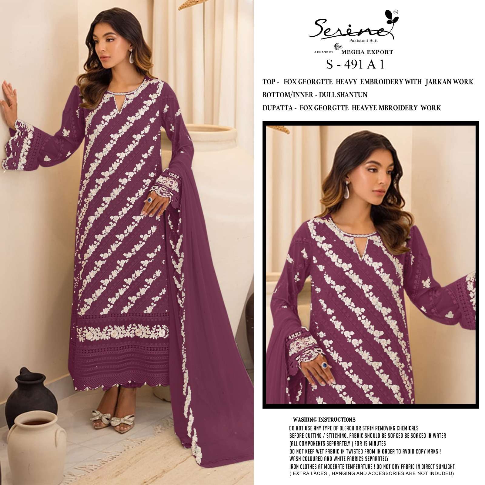 SERENE S-491 COLOUR  PURE FAUX GEORGETTE EMBROIDERY PAKISTANI DRESSES-00201