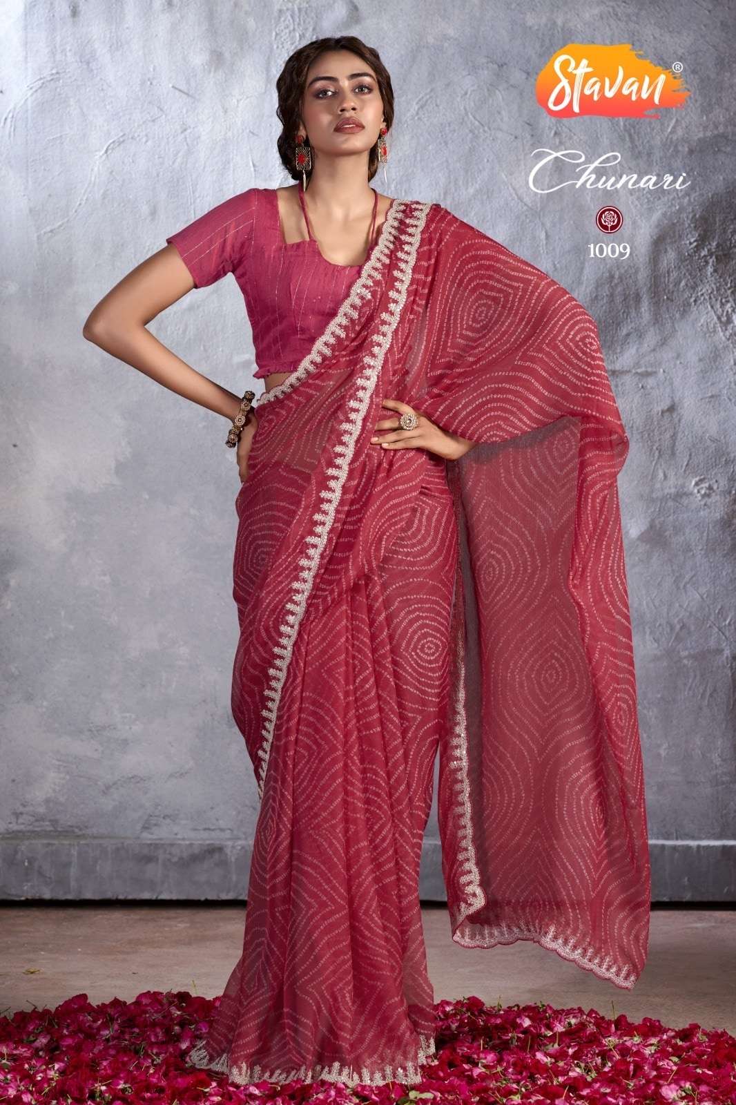 STAVAN CHUNARI PURE CHIFFON EMBROIDERY SAREES-00004