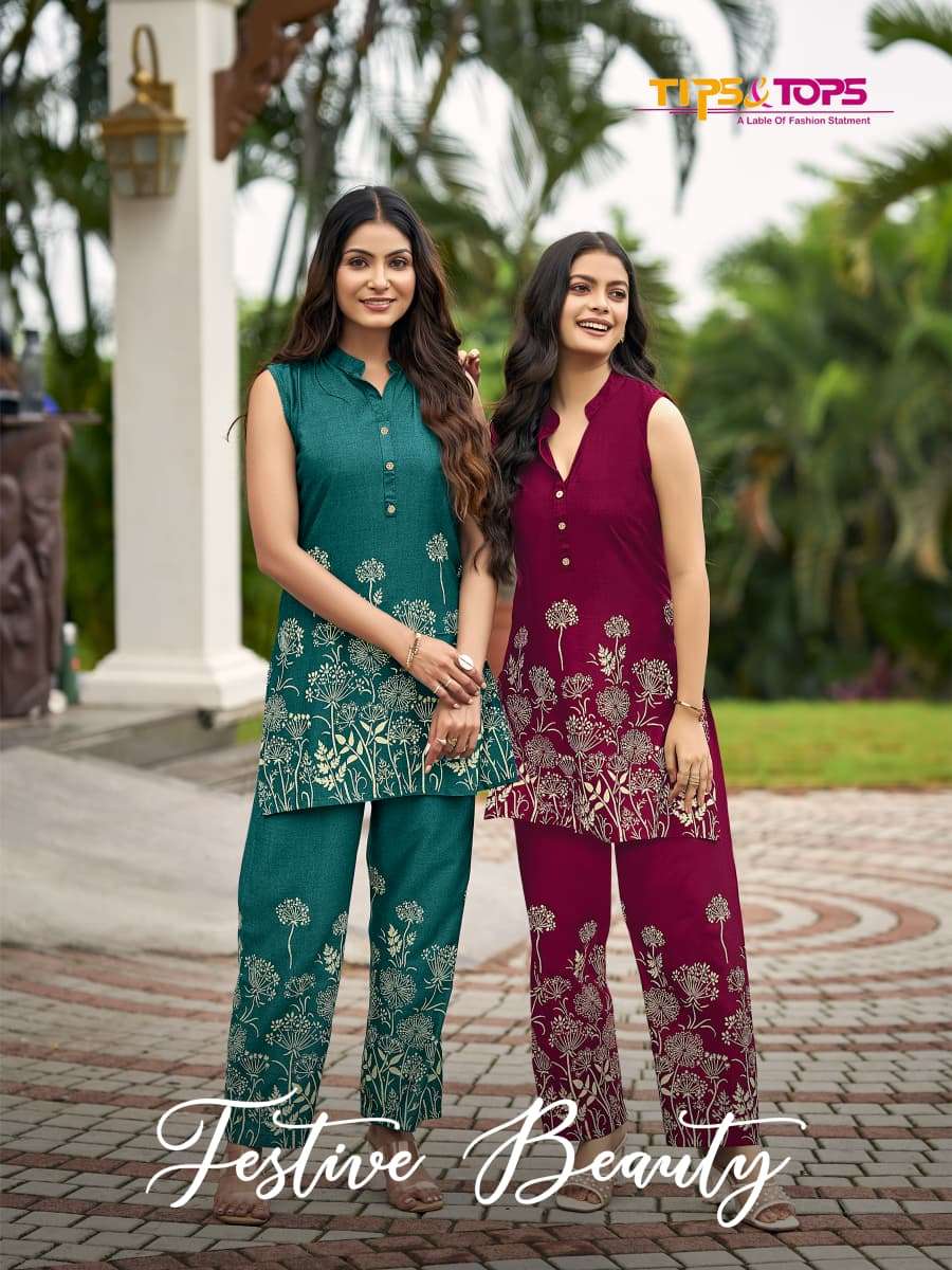 TIPS AND TOPS FESTIVE BEAUTY PURE RAYON PRINTED CO-ORD SET-00014