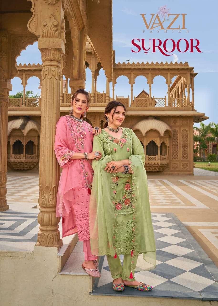 VAZI FASHION SUROOR 1001 TO 1004 SERIES PURE CHANDERI EMBROIDERY DRESSES-00300